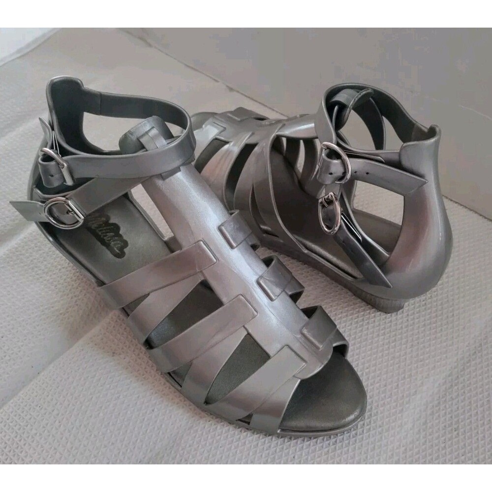 Melissa Liberty Jelly Strappy Silver Sandals Slight Wedged Heel US Sz 7/ EU 38 - Picture 8 of 14